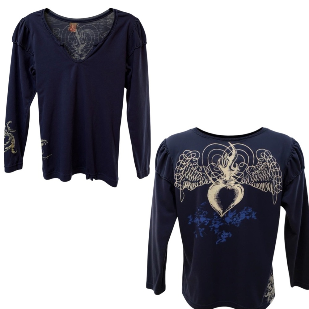 Language LA blue cotton tattoo long sleeve top Medium